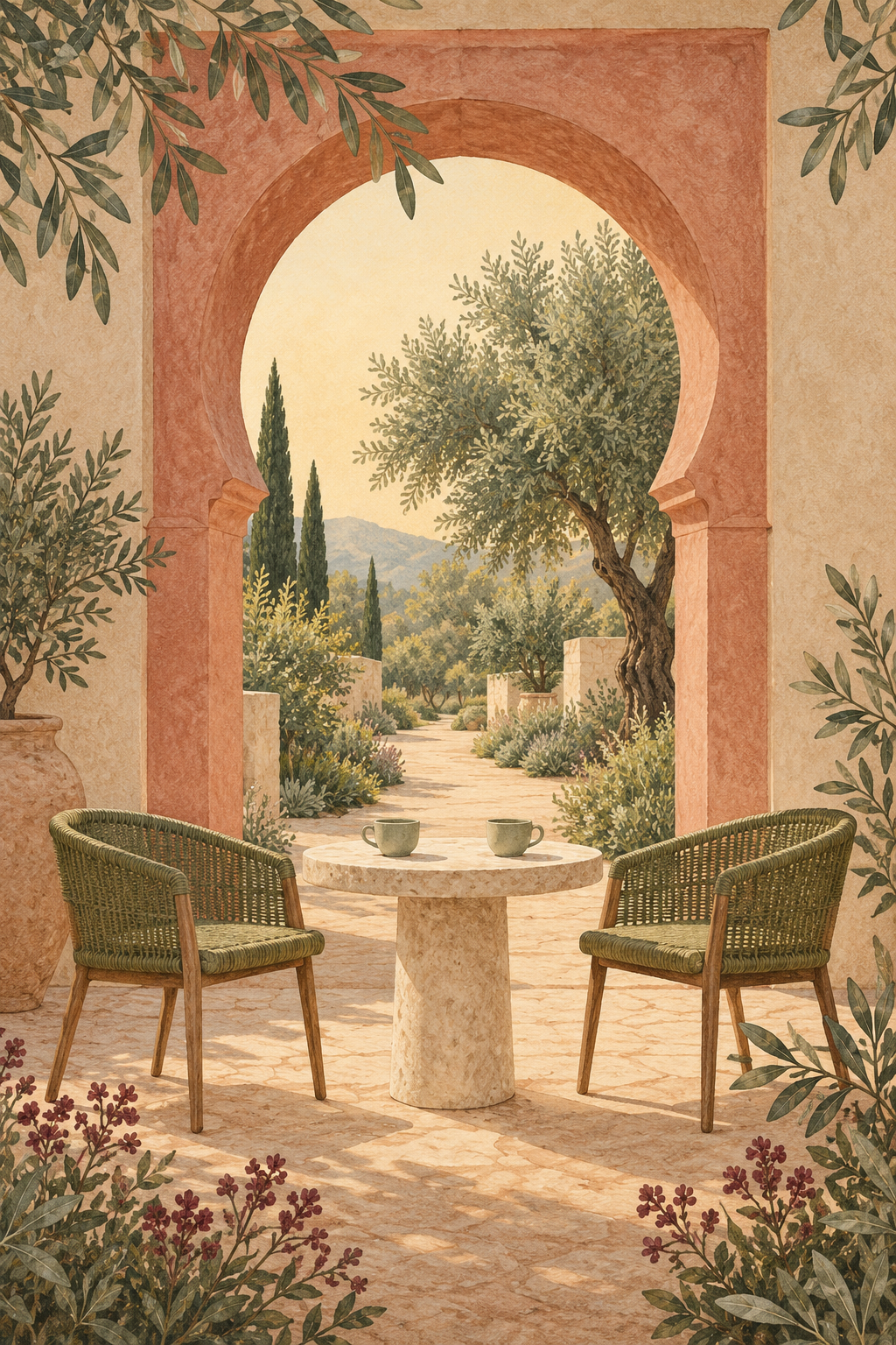 An illustrated courtyard with two empty chairs and cups of tea beneath a warm terracotta arch and olive trees.
